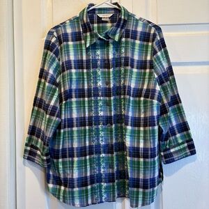 Allison Daley Petite Blue & Green Plaid Embroidered 3/4 Sleeve Button Up-Size 14